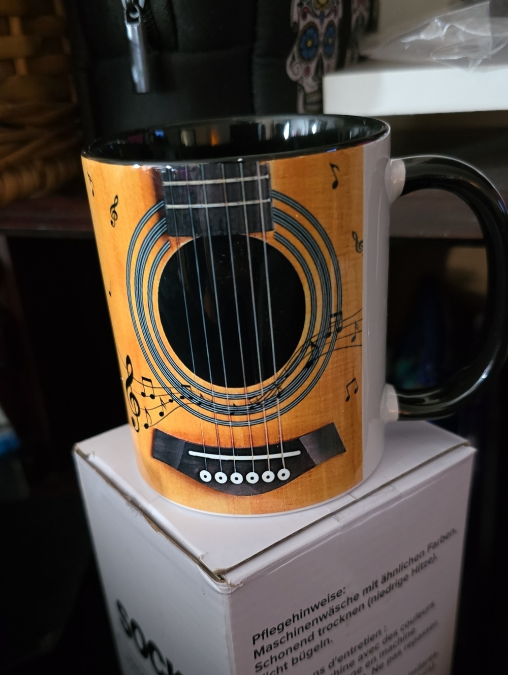 Music-Themed Acoustic Guitar Ceramic Mug - Black & Wood Tone